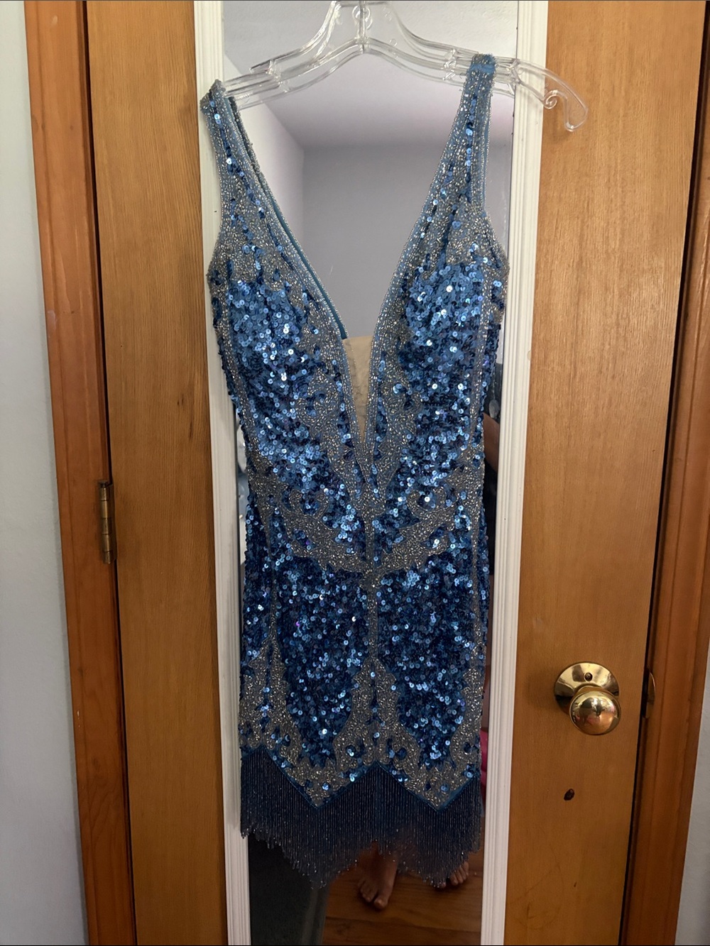 Jovani Blue Sequin Midi Dress with Silver Accents